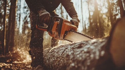 Close-up of a Chainsaw Cutting a Log in a Forest