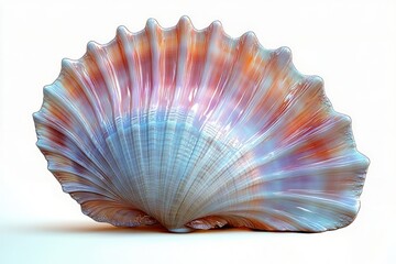Fototapeta premium Close-up of a large, iridescent scallop shell displaying radiant hues of pastel pink, purple, blue, and hints of orange with a shiny, smooth texture