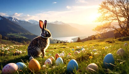 Easter Bunny with Mountain Meadow Sunset.