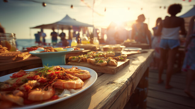 Sunset beach food festival with grilled seafood dishes at Festa da Ria Formosa, celebrating Portuguese coastal cuisine and oceanfront dining experience