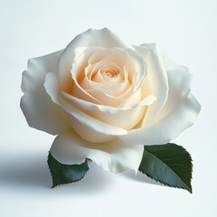 Close-up of a delicate white rose with soft petals and green leaves on a light background, evoking purity and elegance