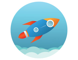Mini Colorful Rocket Flying Above Clouds, Simple Illustration