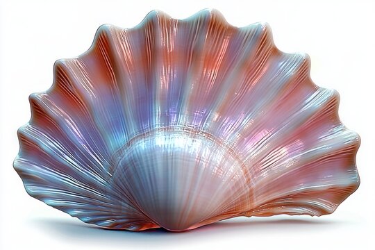 Large shiny seashell with fluted edges displaying iridescent colors of pink, purple, blue, and orange on a white background