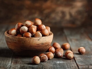 A rustic bowl filled with hazelnuts on a wooden surface, showcasing a warm, earthy aesthetic.