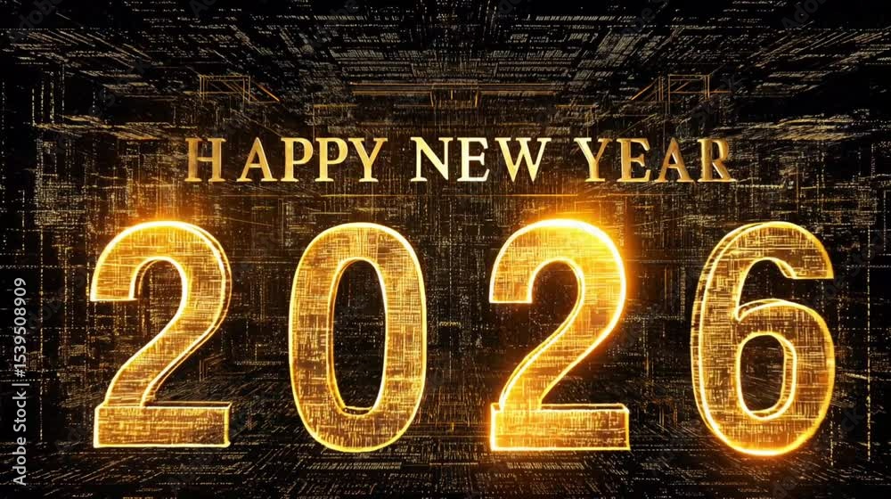 Poster golden new year 2026 celebration futuristic and festive atmosphere with glowing text against digital