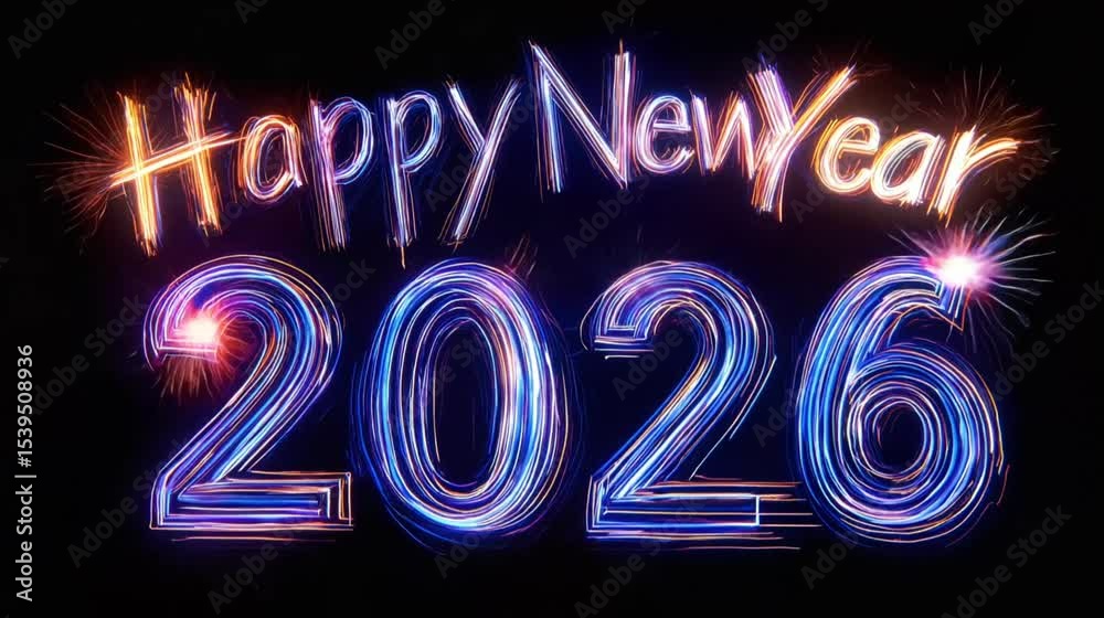 Aufkleber Vibrant and Colorful New Year 2026 Celebration Illuminated Light Trails and Fireworks Create Festive Atmosphere with Bright Colors and Dynamic Design for Exciting and Memorable Experience