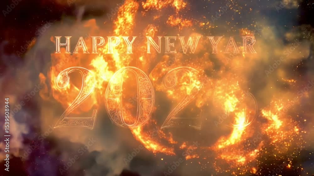 Poster Happy New Year 2026 with Fiery Background and Vibrant Atmosphere Magical Festive Transition with Vibrant Flames and Glowing Effects Enhancing Celebratory Mood and Smoky Effects for New Year