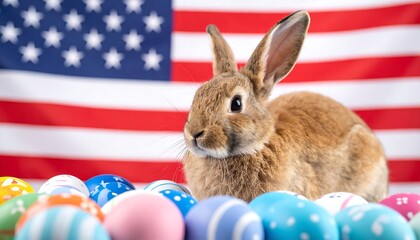 Easter Bunny with US Flag, and Eggs.