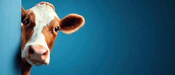 A curious cow peeks around a blue wall, showcasing its expressive features and engaging personality.