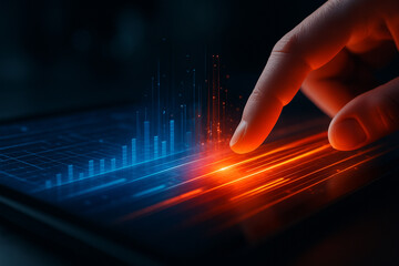 AI generated A close-up of a human finger interacting with a glowing digital interface divided into blue and orange zones symbolizing data input and output with light effects and digital particles