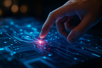 AI generated image of a human finger interacting with a glowing digital interface resembling an advanced holographic control panel in a sci-fi environment