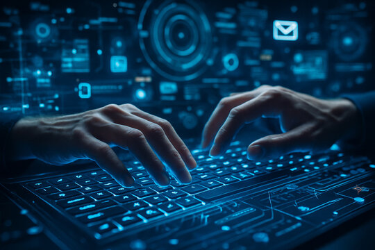 AI generated high tech scene showing human hands interacting with a glowing holographic keyboard surrounded by floating digital data and cyber elements in a sci-fi control room environment