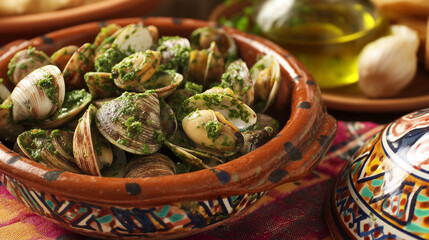 Traditional Clam Dish with Olive Oil and Garlic Served in Rustic Ceramic Bowl at Festa da Ria Formosa, Algarve Portugal