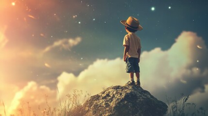 Obraz premium A young boy in a hat stands on a rock, gazing at a starry sky during dusk. The serene atmosphere captures the essence of childhood wonder and exploration.