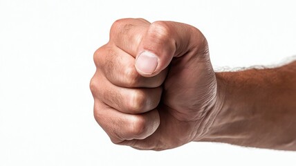 A clenched fist symbolizing strength, determination, or defiance against a white background.