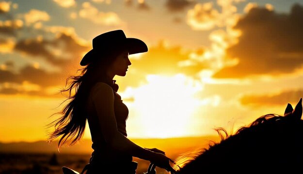 Sunset Silhouette of Cowgirl on Horseback