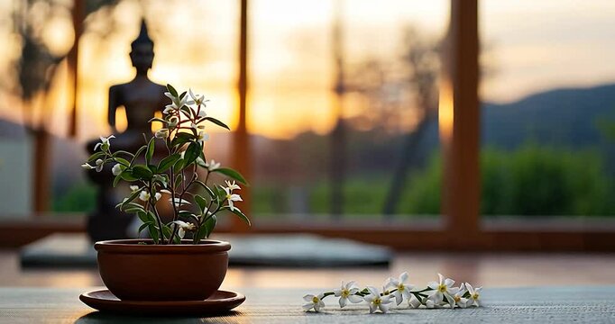 Serene sunset view through a window, featuring a small terracotta pot with white flowers, a statue, and a yoga mat.  Warm, peaceful ambiance