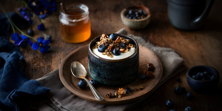 Creative food template. Ceramic bowl of yogurt with wheat muesli granola cereal grains flakes oat and blueberry, honey, flower on linen cloth rustic vintage wooden background. copy text space,