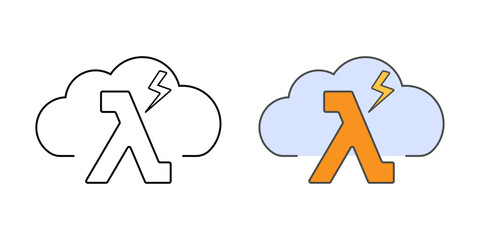 Serverless function icon with a lambda symbol, lightning bolt, and cloud, in outline and color styles, ideal for representing event-driven, scalable compute in cloud environments.