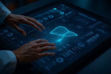 AI generated image showing two human hands interacting with a large digital touchscreen displaying a 3D hologram of a biological model The glowing neon blue interface suggests futuristic medical