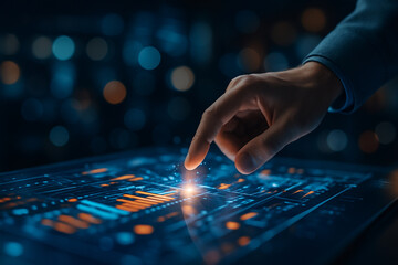 Fototapeta premium AI generated digital interface scene showing a human hand interacting with a glowing sci-fi HUD panel suggesting control precision futuristic analysis and cyber technology