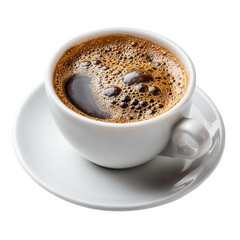 A cup of freshly brewed coffee in a white ceramic cup. The coffee is rich and dark with a foamy surface, served on a matching saucer. A simple pleasure of life