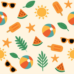 Summer seamless pattern with beach icons, ice cream, and travel illustrations