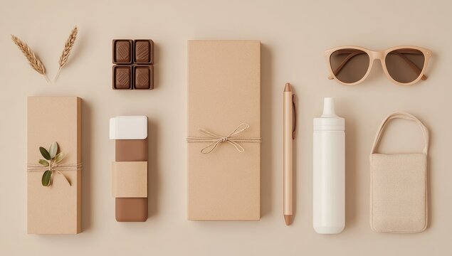Beige aesthetic flat lay featuring craft supplies, snacks, and accessories