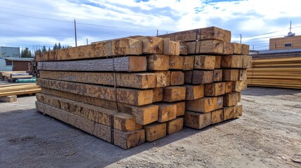 Stacked reclaimed timber beams with bark, ready for construction projects under a cloudy sky.