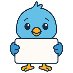 cute blue bird holding blank paper flat color vector illustration template design