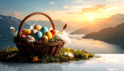 Easter eggs basket with sunrise mountains.