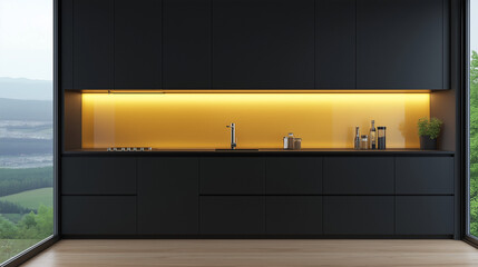 Modern kitchen with black cabinets and wooden floor, minimalist elegance in natural light