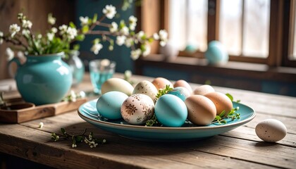 Easter eggs rustic table spring.