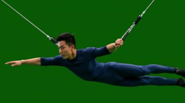 Acrobat Performing Aerial Move on Green Background