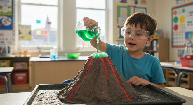 Young boy scientist erupting volcano science experiment learning fun education classroom