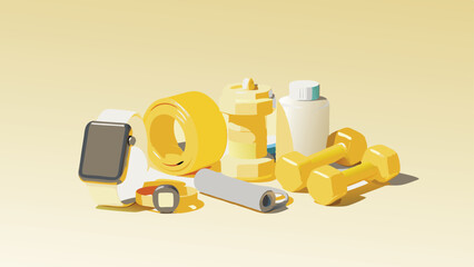 Still life of fitness equipment including dumbbells smart watch and water bottle on a yellow background