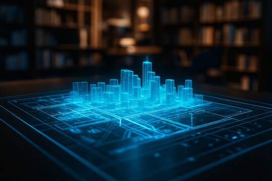 AI generated image of a glowing neon blue 3D city model projected on a digital surface in a modern office setting symbolizing future urban planning and smart technology integration.