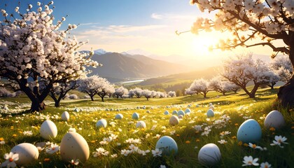 Easter eggs with blossom trees, and sunset.