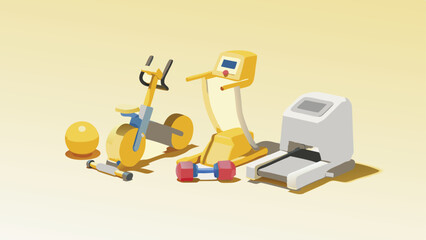Illustration of gym equipment including an exercise bike treadmill and dumbbell on a yellow background