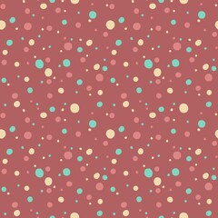
A cheerful polka dot pattern featuring pastel yellow, turquoise, and pink dots scattered randomly on a warm reddish brown background. Perfect for wrapping paper, children's products, or textile motif