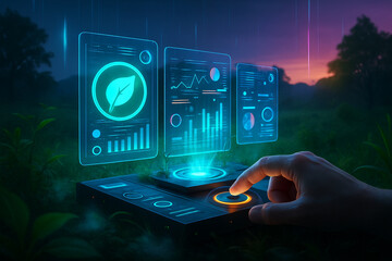 AI generated image of a human hand interacting with a glowing holographic interface floating above a futuristic control panel with data charts in a digital misty cyber environment.