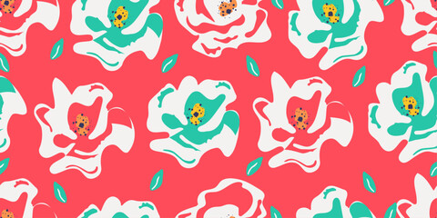 Abstract colorful rose seamless pattern with vertical style. Modern foliage print design for fabric, textiles, clothing, packaging, cover, banner, home decor and backgrounds. Vector illustrations.