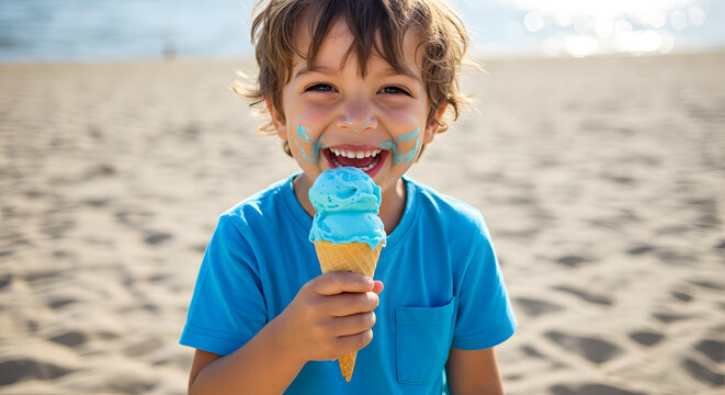 Happy boy enjoying a blue ice cream cone at the beach, smiling with face paint, sunny day, sandy shore, carefree, childhood joy, summer fun, outdoor activity, ocean in background, cheerful atmosphere - Powered by Adobe