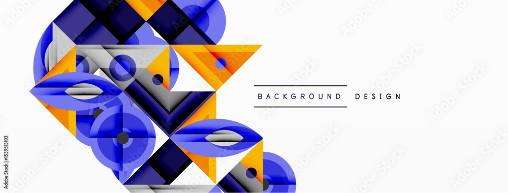 Poster Abstract geometric shapes, blue, orange hues. Modern design elements create dynamic visual composition. Clean background enhances contrast.