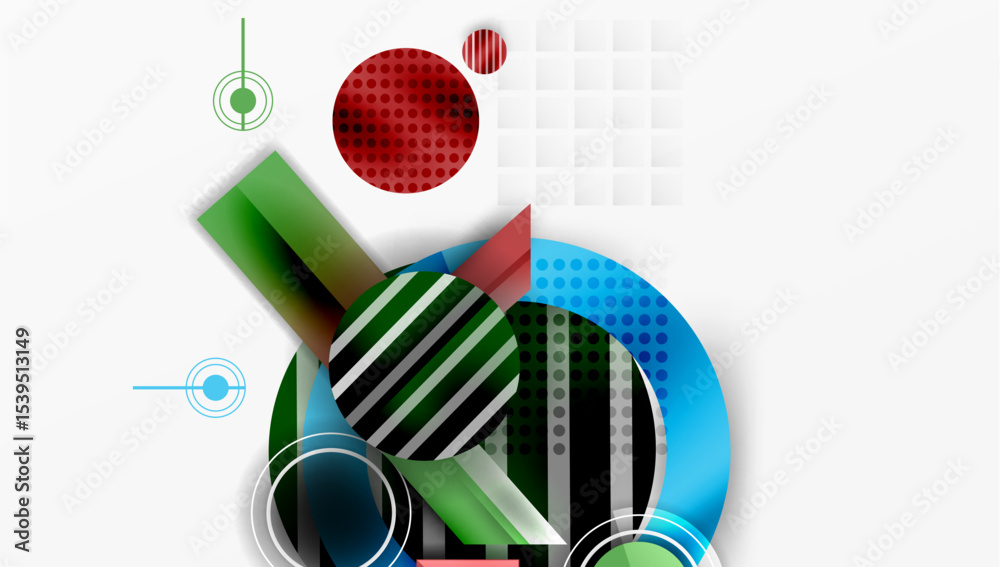 Fototapete Abstract geometric composition. Circles, rectangles overlap creating dynamic visual effect. Modern design elements present.