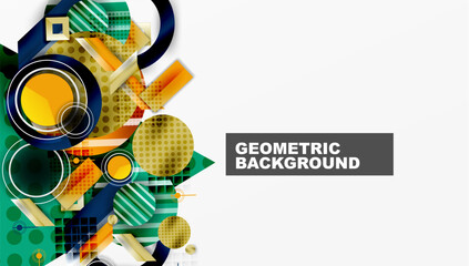 Obraz premium Abstract geometric shapes, vibrant colors, modern design. Overlapping circles, squares, lines create dynamic composition. Clean aesthetic.