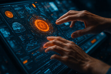 AI generated image of two human hands interacting with a glowing sci fi holographic touchscreen interface showing data charts circular HUD elements and system commands in a high tech control center.