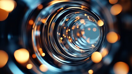 Close-up shot of a camera lens with lights shining in the background