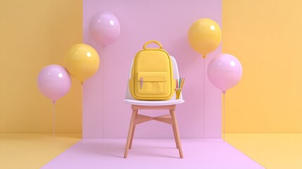 Back to school supplies, backpack, and colorful balloons