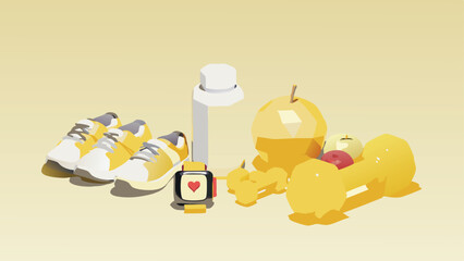 Still life of fitness and health items including shoes, water bottle, watch, fruits and dumbbells
